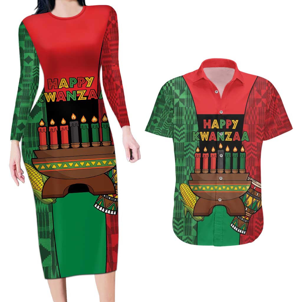 Personalized Happy Kwanzaa Couples Matching Long Sleeve Bodycon Dress and Hawaiian Shirt Kinara With Kente Pattern - Wonder Print Shop