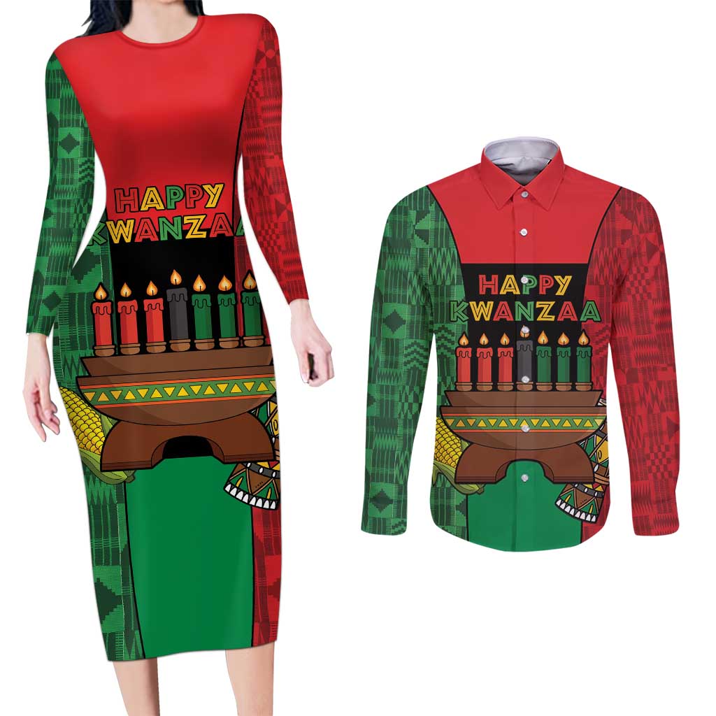 Personalized Happy Kwanzaa Couples Matching Long Sleeve Bodycon Dress and Long Sleeve Button Shirt Kinara With Kente Pattern - Wonder Print Shop