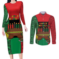 Personalized Happy Kwanzaa Couples Matching Long Sleeve Bodycon Dress and Long Sleeve Button Shirt Kinara With Kente Pattern - Wonder Print Shop