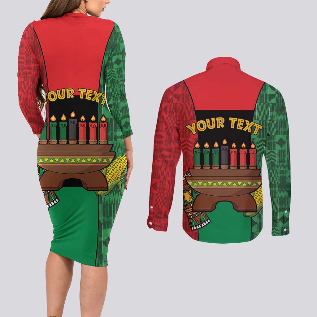 Personalized Happy Kwanzaa Couples Matching Long Sleeve Bodycon Dress and Long Sleeve Button Shirt Kinara With Kente Pattern - Wonder Print Shop