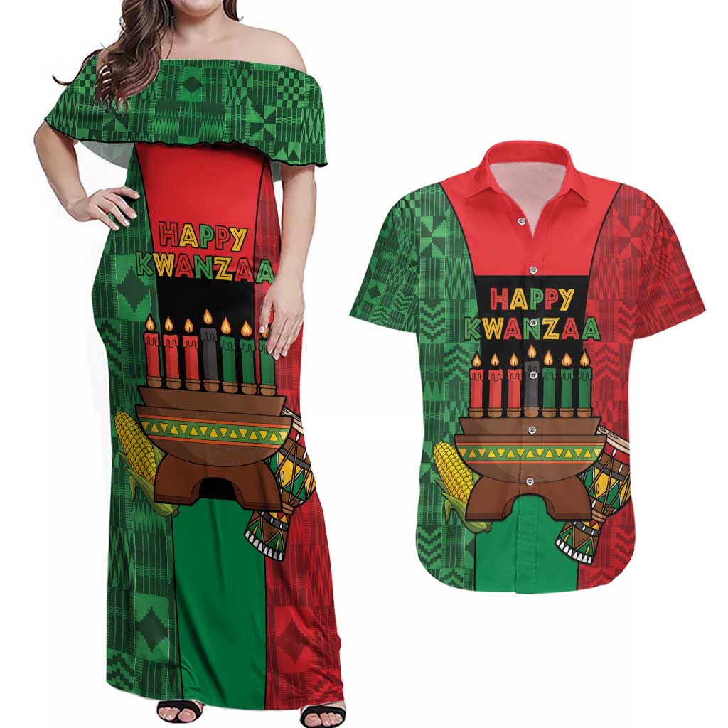 Personalized Happy Kwanzaa Couples Matching Off Shoulder Maxi Dress and Hawaiian Shirt Kinara With Kente Pattern - Wonder Print Shop