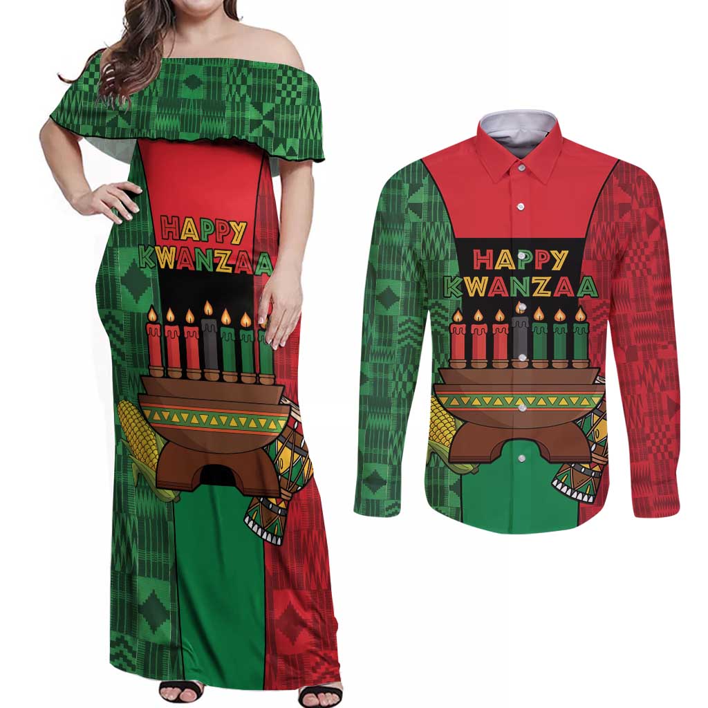 Personalized Happy Kwanzaa Couples Matching Off Shoulder Maxi Dress and Long Sleeve Button Shirt Kinara With Kente Pattern - Wonder Print Shop