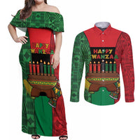 Personalized Happy Kwanzaa Couples Matching Off Shoulder Maxi Dress and Long Sleeve Button Shirt Kinara With Kente Pattern - Wonder Print Shop
