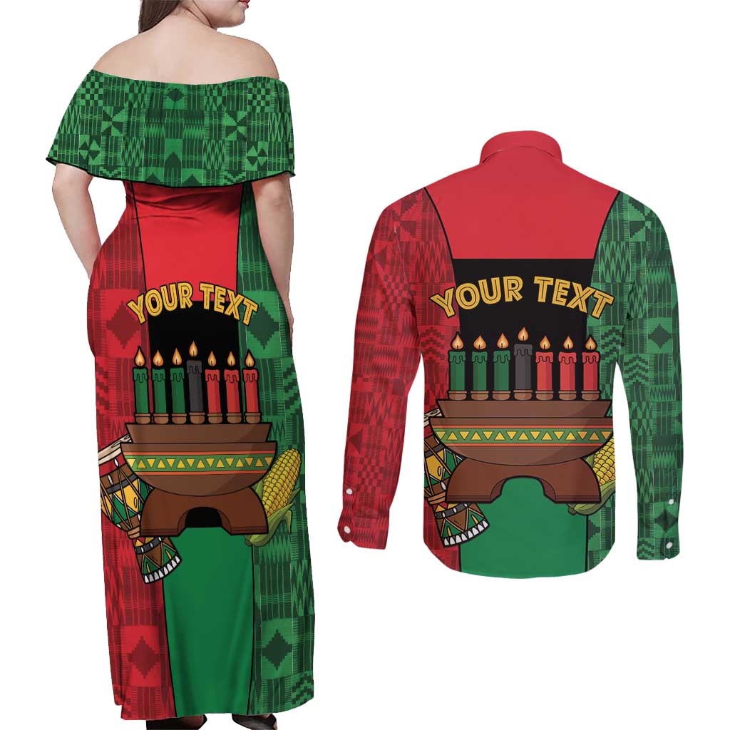 Personalized Happy Kwanzaa Couples Matching Off Shoulder Maxi Dress and Long Sleeve Button Shirt Kinara With Kente Pattern - Wonder Print Shop