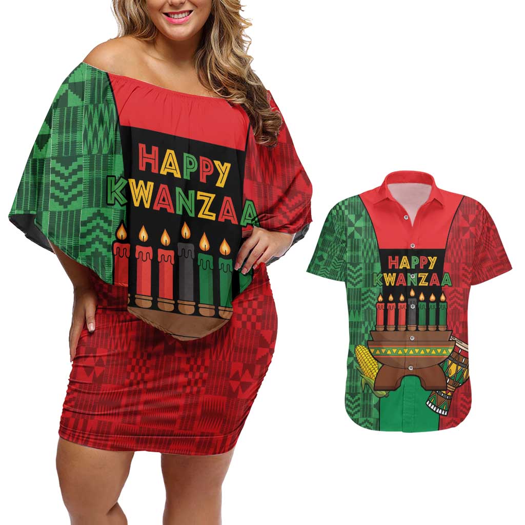 Personalized Happy Kwanzaa Couples Matching Off Shoulder Short Dress and Hawaiian Shirt Kinara With Kente Pattern - Wonder Print Shop