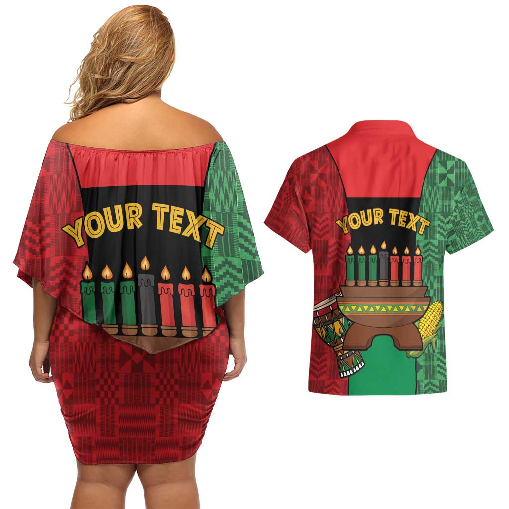 Personalized Happy Kwanzaa Couples Matching Off Shoulder Short Dress and Hawaiian Shirt Kinara With Kente Pattern - Wonder Print Shop
