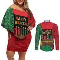 Personalized Happy Kwanzaa Couples Matching Off Shoulder Short Dress and Long Sleeve Button Shirt Kinara With Kente Pattern - Wonder Print Shop