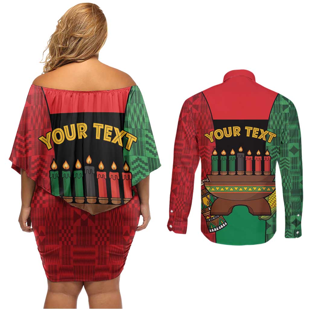 Personalized Happy Kwanzaa Couples Matching Off Shoulder Short Dress and Long Sleeve Button Shirt Kinara With Kente Pattern - Wonder Print Shop