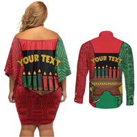 Personalized Happy Kwanzaa Couples Matching Off Shoulder Short Dress and Long Sleeve Button Shirt Kinara With Kente Pattern - Wonder Print Shop