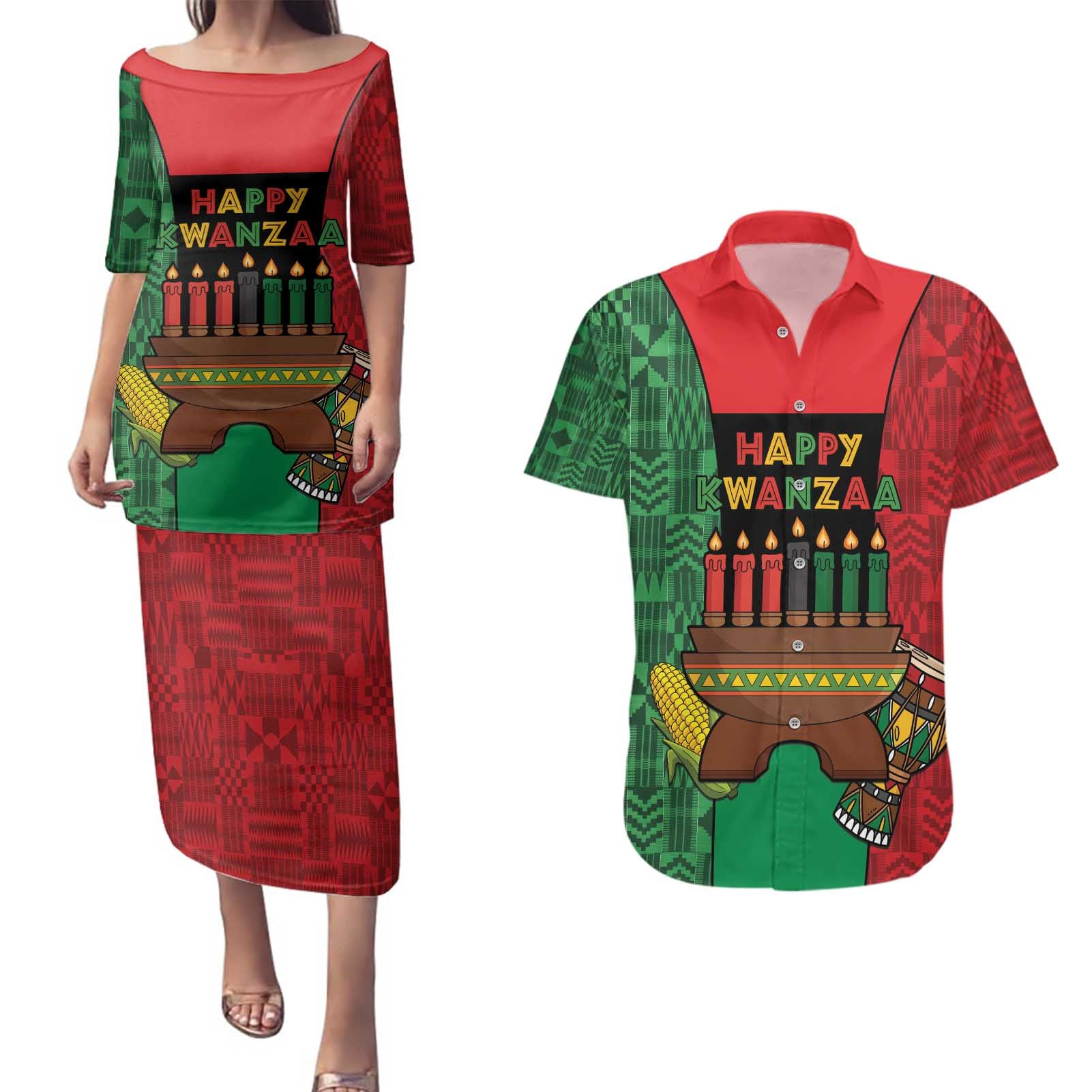 Personalized Happy Kwanzaa Couples Matching Puletasi and Hawaiian Shirt Kinara With Kente Pattern - Wonder Print Shop