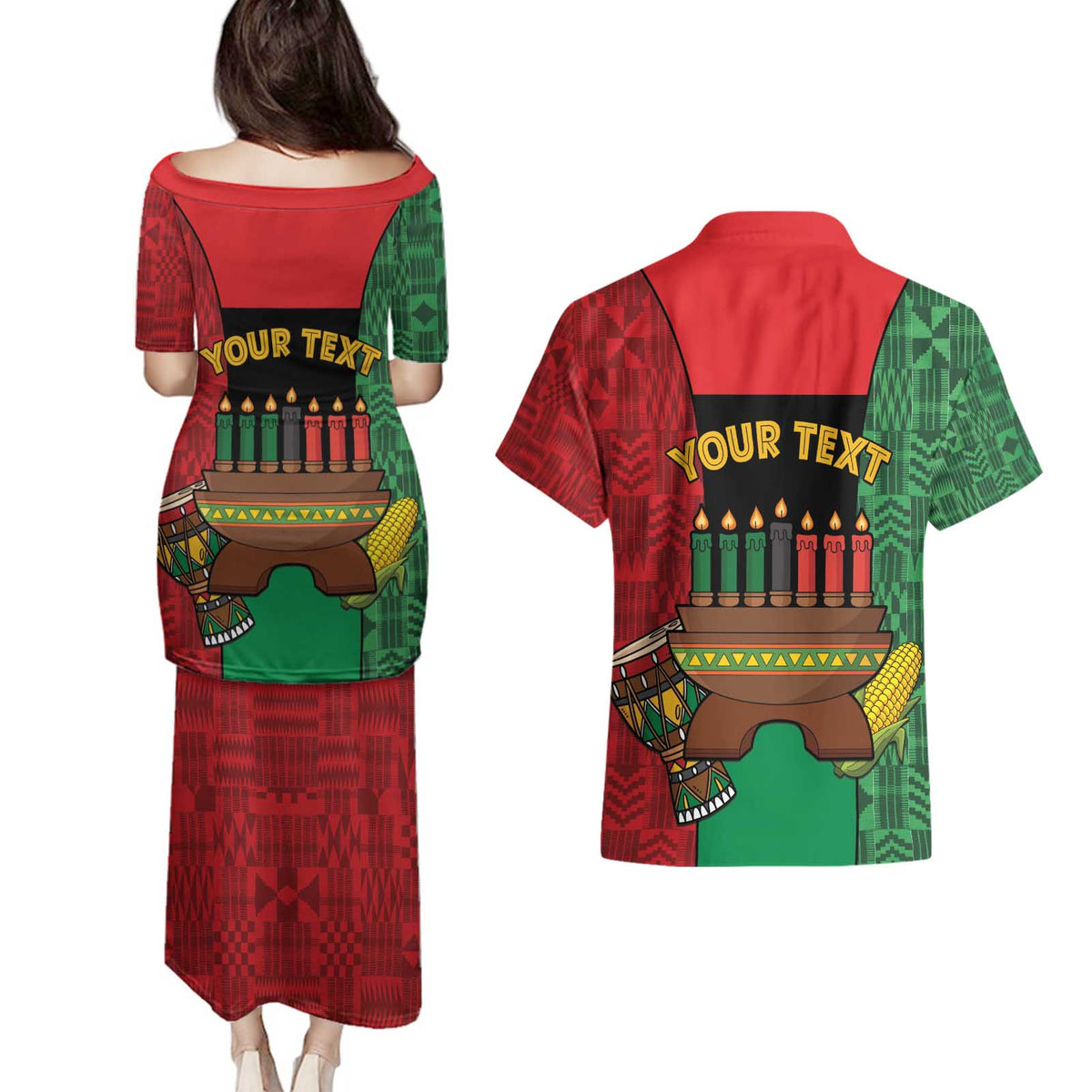 Personalized Happy Kwanzaa Couples Matching Puletasi and Hawaiian Shirt Kinara With Kente Pattern - Wonder Print Shop