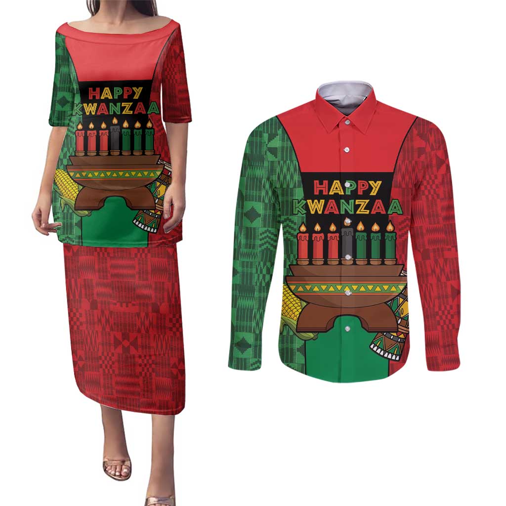 Personalized Happy Kwanzaa Couples Matching Puletasi and Long Sleeve Button Shirt Kinara With Kente Pattern - Wonder Print Shop