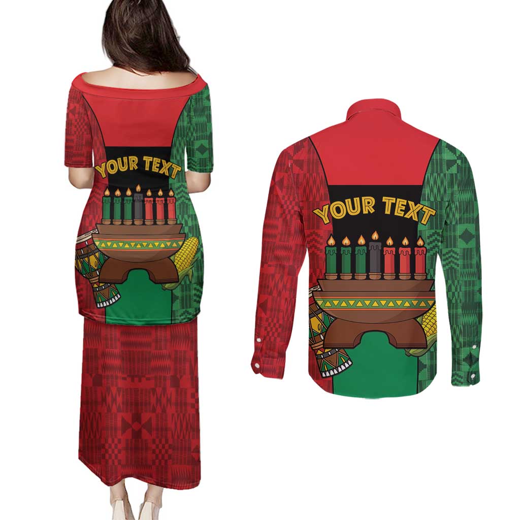 Personalized Happy Kwanzaa Couples Matching Puletasi and Long Sleeve Button Shirt Kinara With Kente Pattern - Wonder Print Shop