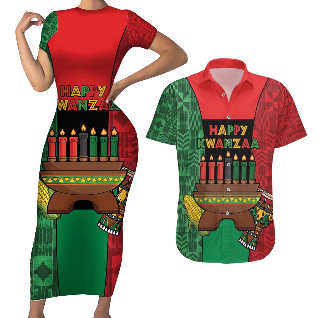 Personalized Happy Kwanzaa Couples Matching Short Sleeve Bodycon Dress and Hawaiian Shirt Kinara With Kente Pattern - Wonder Print Shop