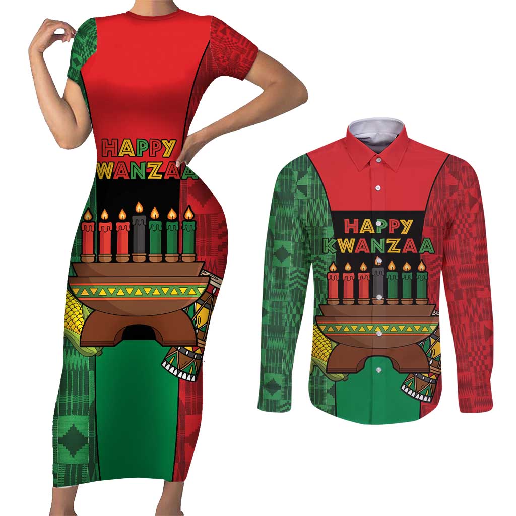 Personalized Happy Kwanzaa Couples Matching Short Sleeve Bodycon Dress and Long Sleeve Button Shirt Kinara With Kente Pattern - Wonder Print Shop