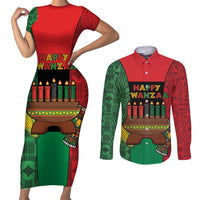 Personalized Happy Kwanzaa Couples Matching Short Sleeve Bodycon Dress and Long Sleeve Button Shirt Kinara With Kente Pattern - Wonder Print Shop