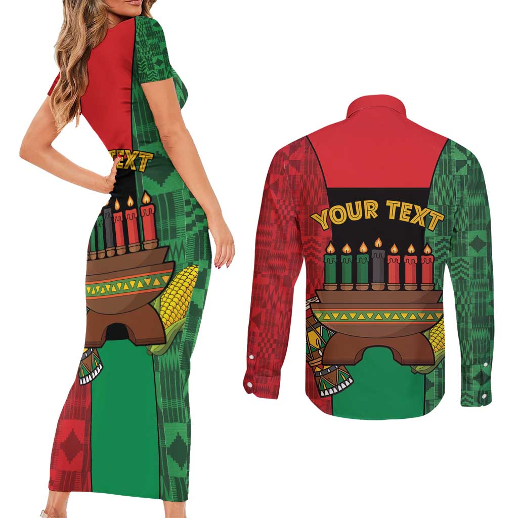 Personalized Happy Kwanzaa Couples Matching Short Sleeve Bodycon Dress and Long Sleeve Button Shirt Kinara With Kente Pattern - Wonder Print Shop