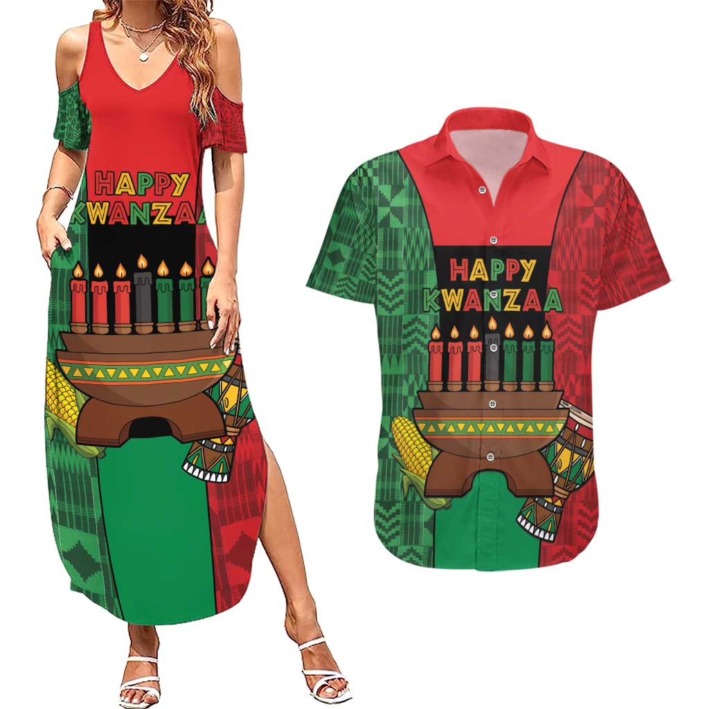 Personalized Happy Kwanzaa Couples Matching Summer Maxi Dress and Hawaiian Shirt Kinara With Kente Pattern - Wonder Print Shop