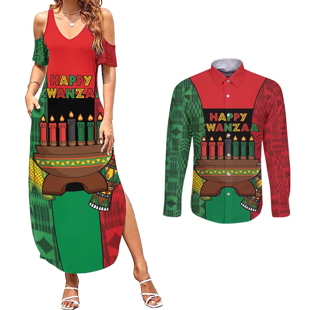 Personalized Happy Kwanzaa Couples Matching Summer Maxi Dress and Long Sleeve Button Shirt Kinara With Kente Pattern - Wonder Print Shop