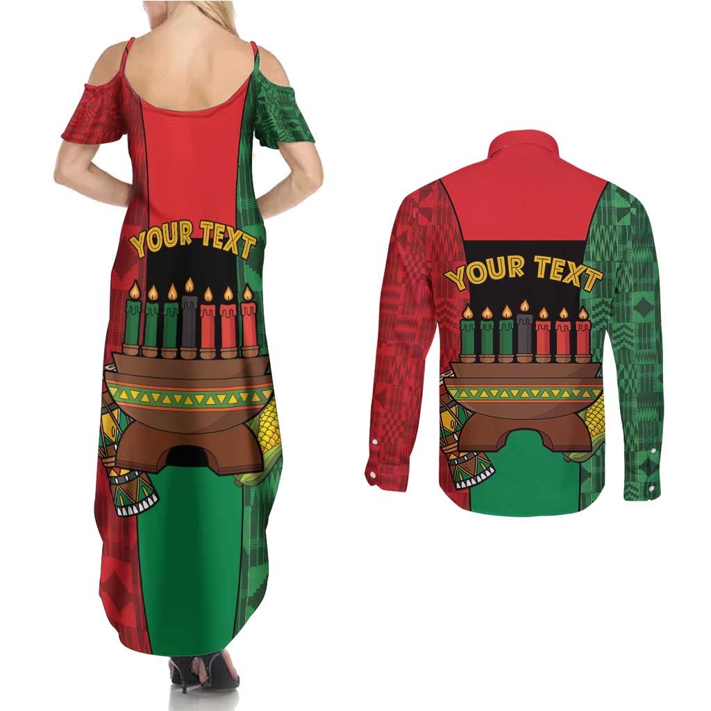 Personalized Happy Kwanzaa Couples Matching Summer Maxi Dress and Long Sleeve Button Shirt Kinara With Kente Pattern - Wonder Print Shop