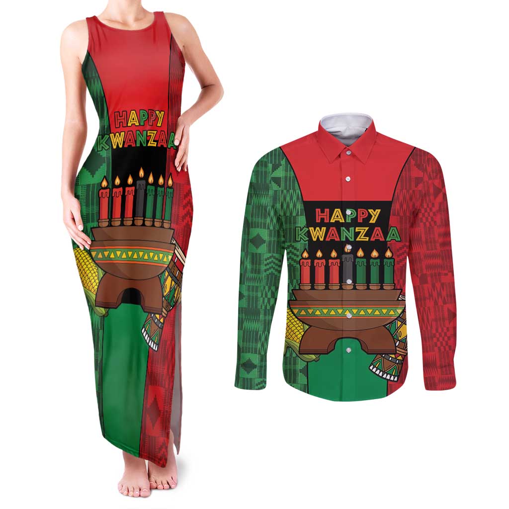 Personalized Happy Kwanzaa Couples Matching Tank Maxi Dress and Long Sleeve Button Shirt Kinara With Kente Pattern - Wonder Print Shop