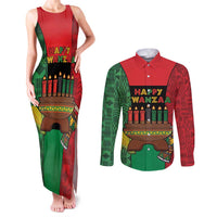Personalized Happy Kwanzaa Couples Matching Tank Maxi Dress and Long Sleeve Button Shirt Kinara With Kente Pattern - Wonder Print Shop