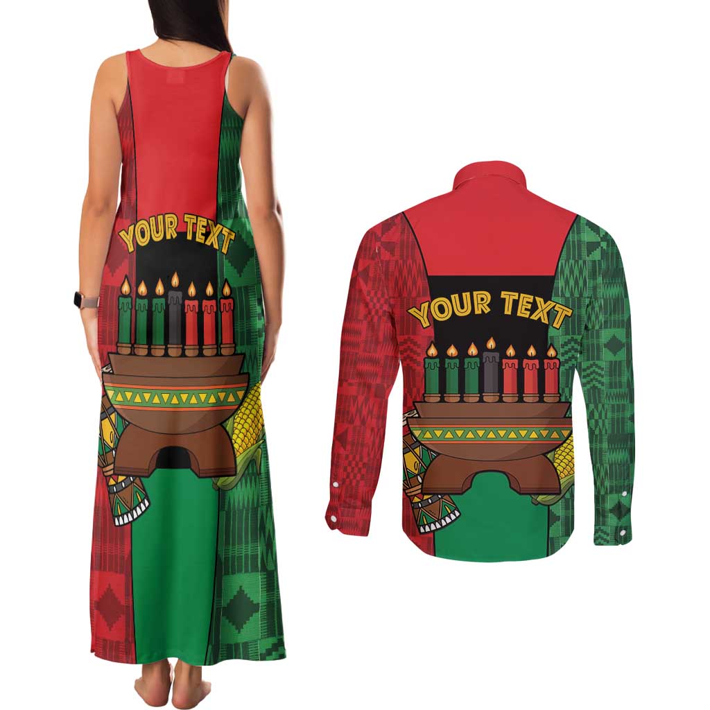 Personalized Happy Kwanzaa Couples Matching Tank Maxi Dress and Long Sleeve Button Shirt Kinara With Kente Pattern - Wonder Print Shop