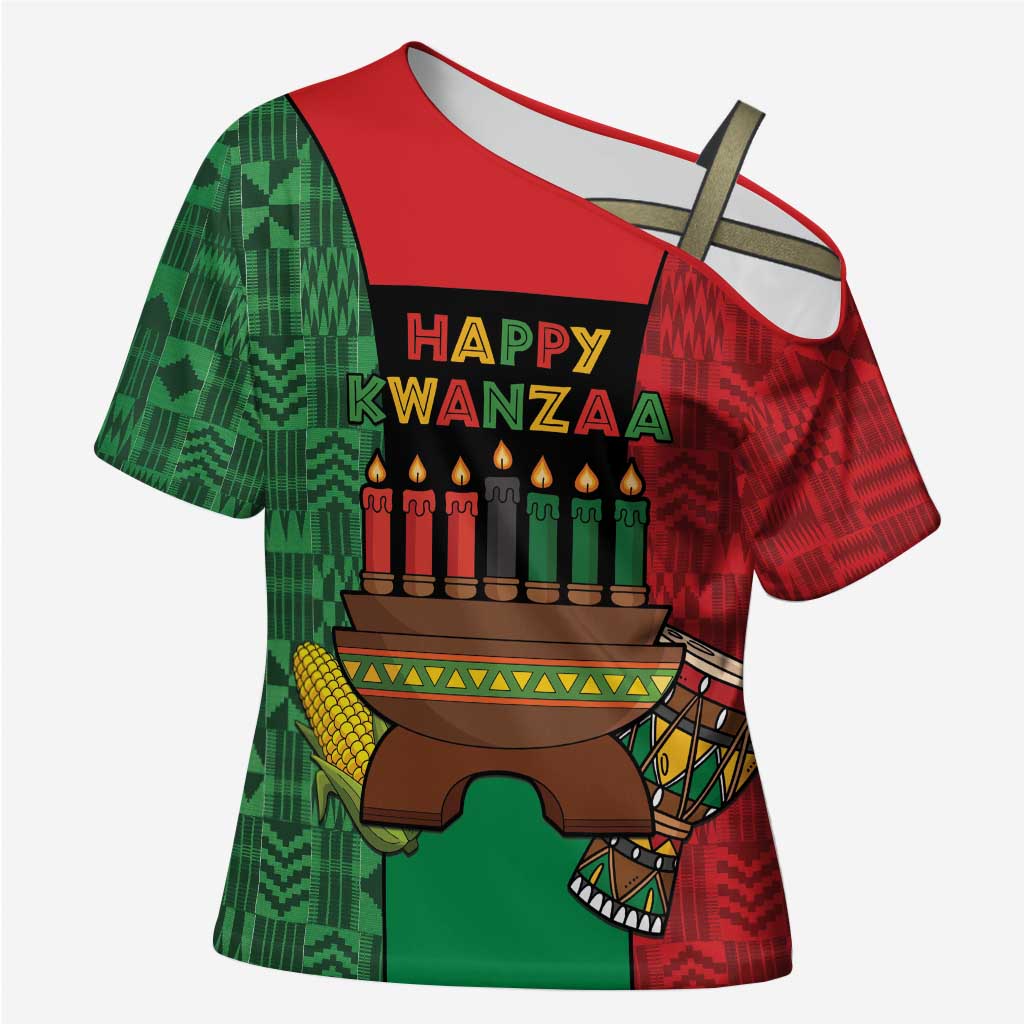 Personalized Happy Kwanzaa Cross Shoulder Shirt Kinara With Kente Pattern - Wonder Print Shop