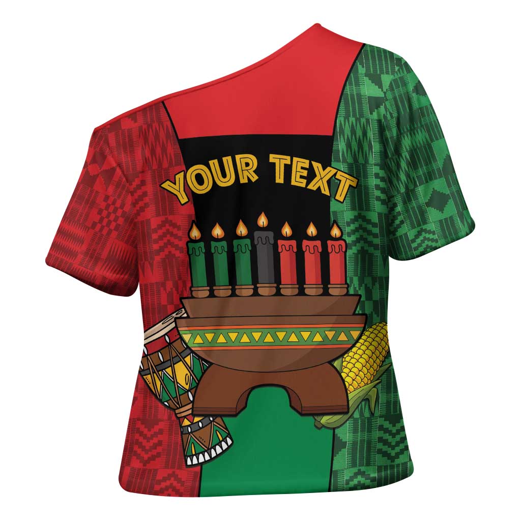Personalized Happy Kwanzaa Cross Shoulder Shirt Kinara With Kente Pattern - Wonder Print Shop