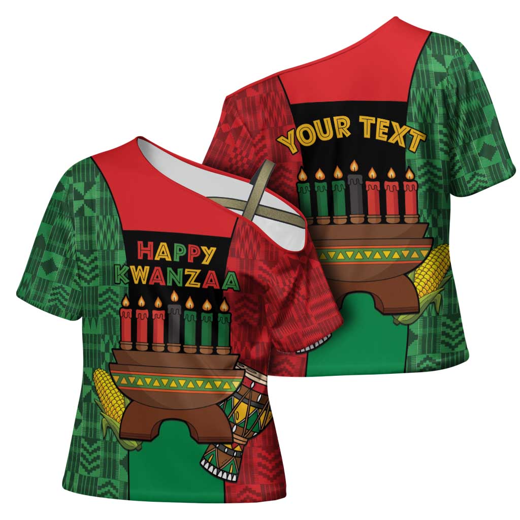 Personalized Happy Kwanzaa Cross Shoulder Shirt Kinara With Kente Pattern - Wonder Print Shop