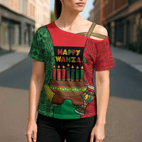Personalized Happy Kwanzaa Cross Shoulder Shirt Kinara With Kente Pattern - Wonder Print Shop