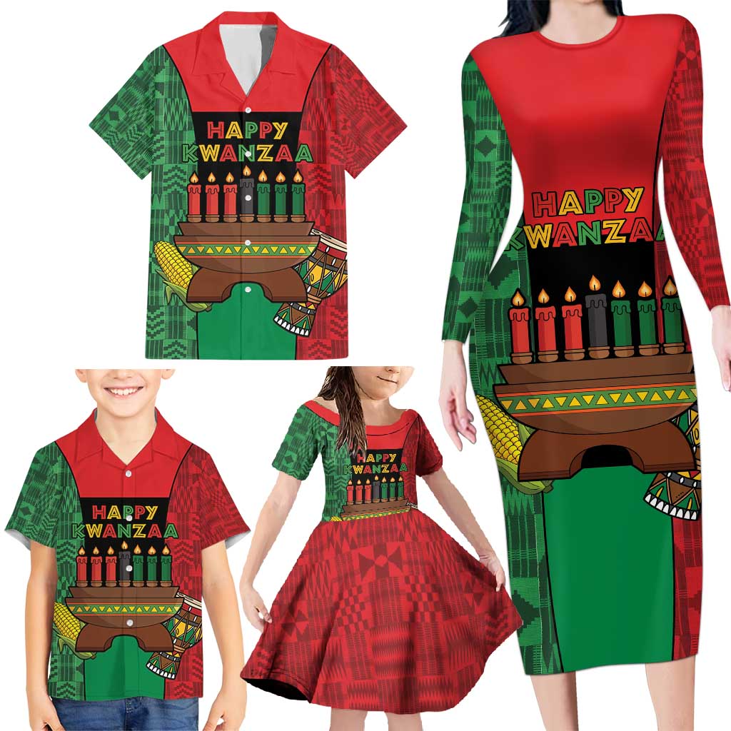 Personalized Happy Kwanzaa Family Matching Long Sleeve Bodycon Dress and Hawaiian Shirt Kinara With Kente Pattern - Wonder Print Shop