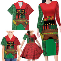 Personalized Happy Kwanzaa Family Matching Long Sleeve Bodycon Dress and Hawaiian Shirt Kinara With Kente Pattern - Wonder Print Shop