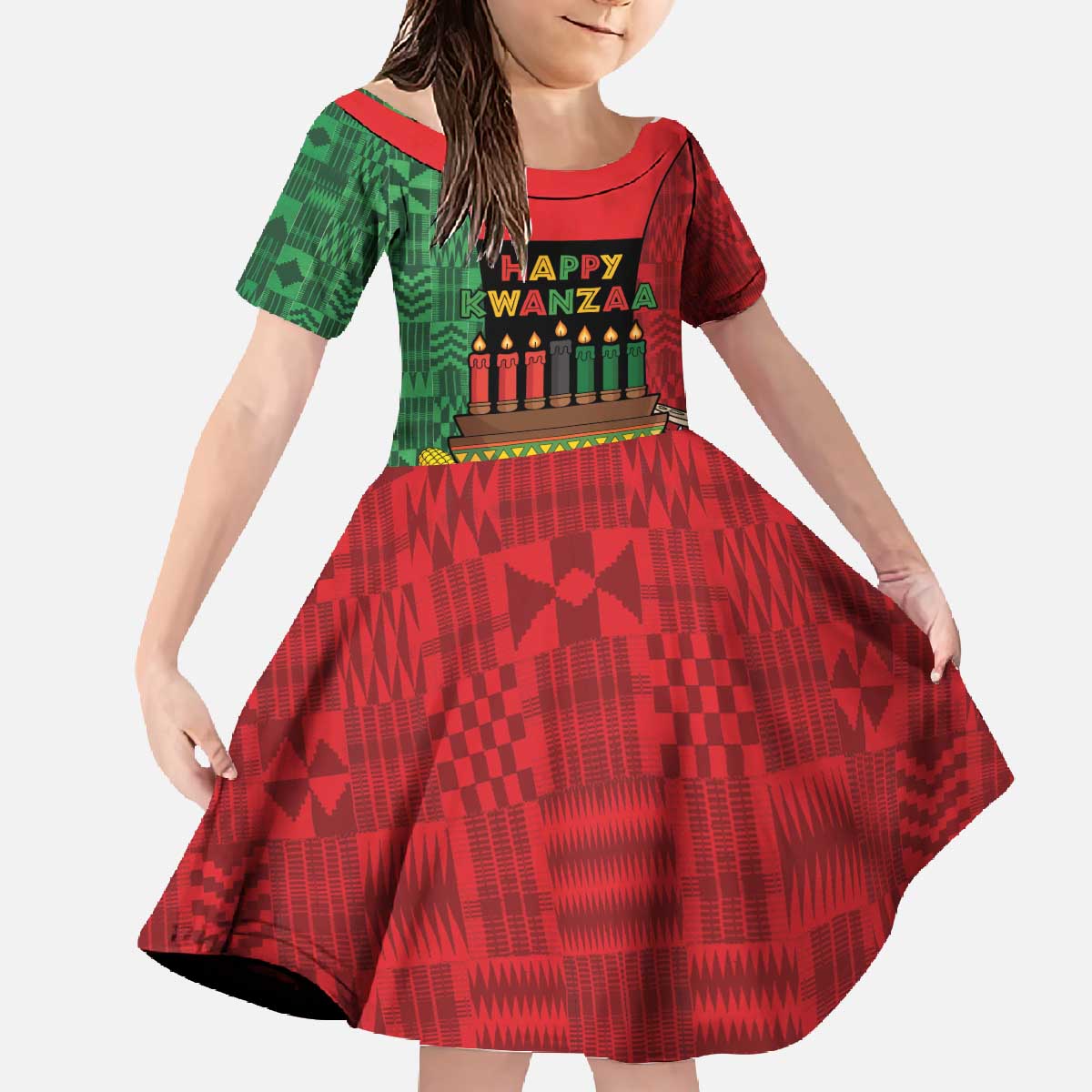 Personalized Happy Kwanzaa Family Matching Off The Shoulder Long Sleeve Dress and Hawaiian Shirt Kinara With Kente Pattern - Wonder Print Shop