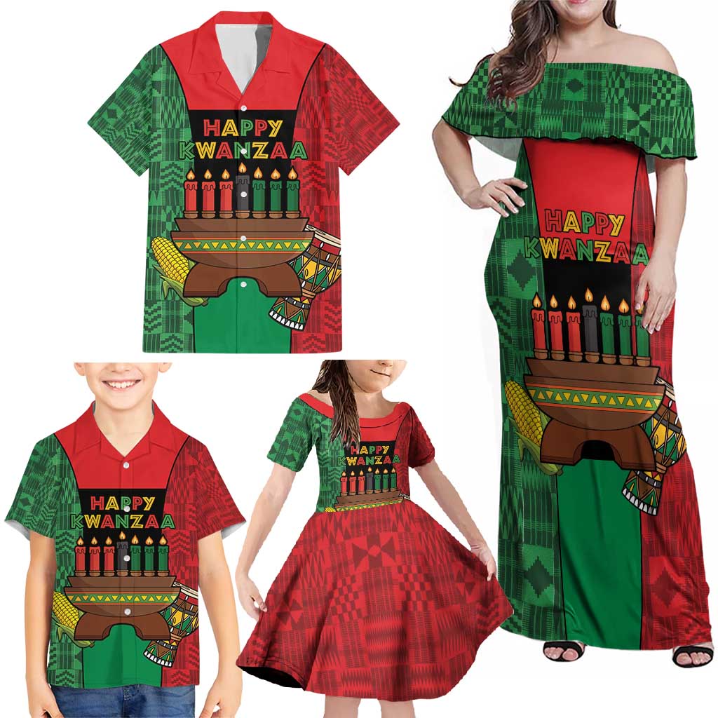 Personalized Happy Kwanzaa Family Matching Off Shoulder Maxi Dress and Hawaiian Shirt Kinara With Kente Pattern - Wonder Print Shop