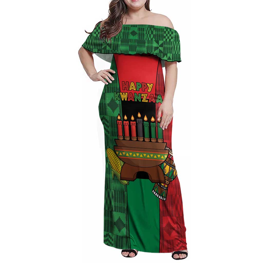 Personalized Happy Kwanzaa Family Matching Off Shoulder Maxi Dress and Hawaiian Shirt Kinara With Kente Pattern - Wonder Print Shop