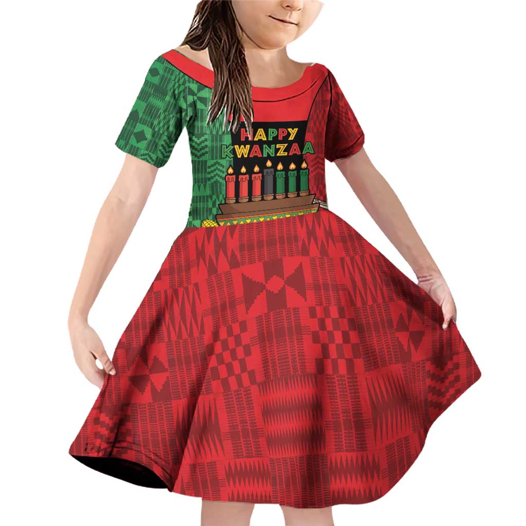 Personalized Happy Kwanzaa Family Matching Off Shoulder Short Dress and Hawaiian Shirt Kinara With Kente Pattern - Wonder Print Shop