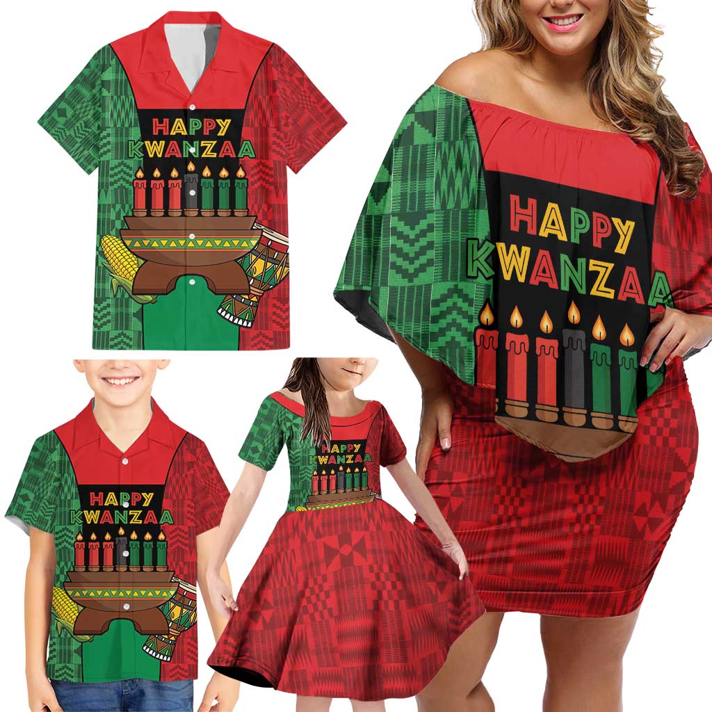 Personalized Happy Kwanzaa Family Matching Off Shoulder Short Dress and Hawaiian Shirt Kinara With Kente Pattern - Wonder Print Shop