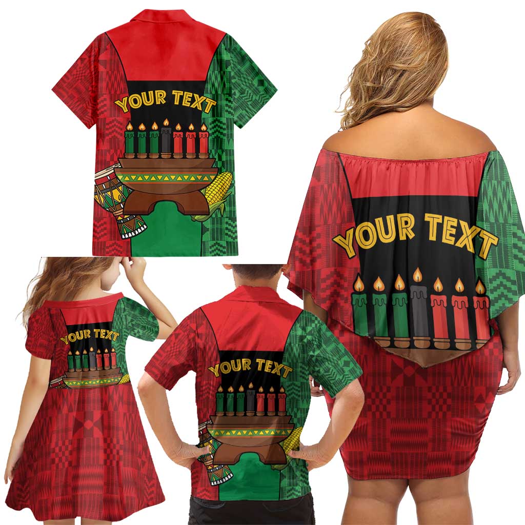 Personalized Happy Kwanzaa Family Matching Off Shoulder Short Dress and Hawaiian Shirt Kinara With Kente Pattern - Wonder Print Shop