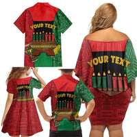 Personalized Happy Kwanzaa Family Matching Off Shoulder Short Dress and Hawaiian Shirt Kinara With Kente Pattern - Wonder Print Shop