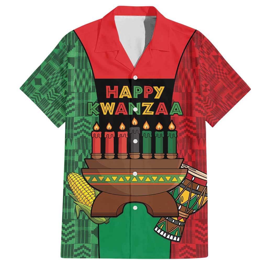 Personalized Happy Kwanzaa Family Matching Off Shoulder Short Dress and Hawaiian Shirt Kinara With Kente Pattern - Wonder Print Shop