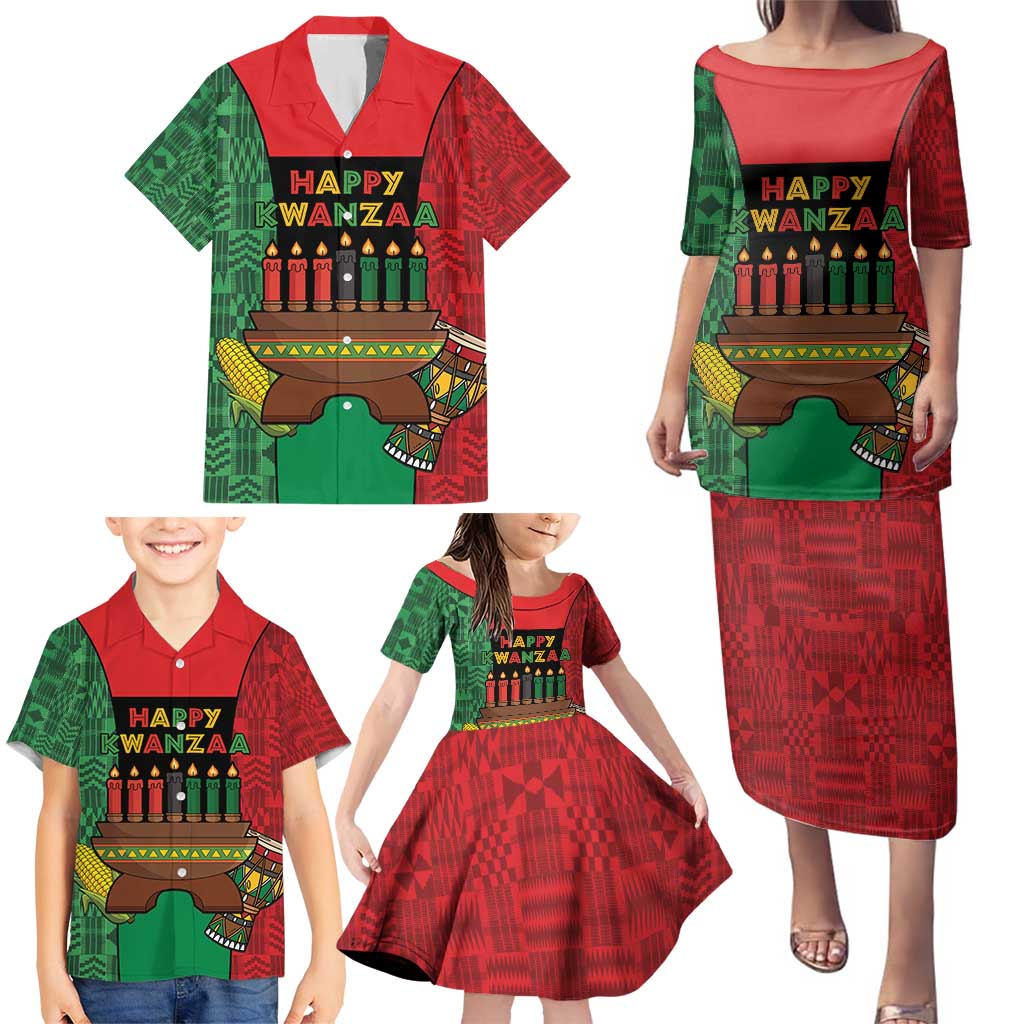 Personalized Happy Kwanzaa Family Matching Puletasi and Hawaiian Shirt Kinara With Kente Pattern - Wonder Print Shop