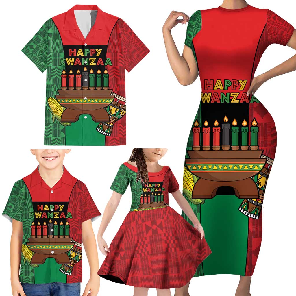 Personalized Happy Kwanzaa Family Matching Short Sleeve Bodycon Dress and Hawaiian Shirt Kinara With Kente Pattern - Wonder Print Shop