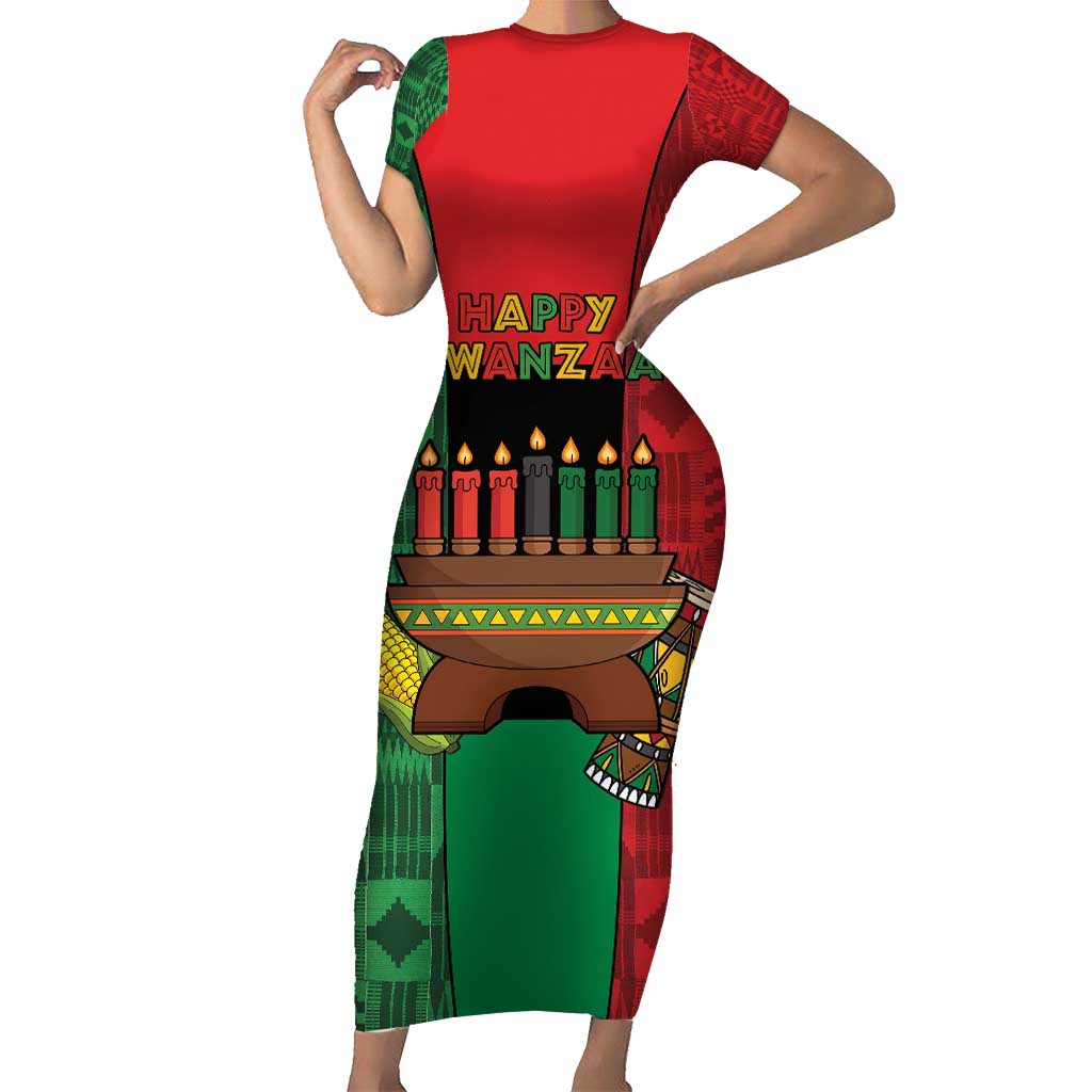 Personalized Happy Kwanzaa Family Matching Short Sleeve Bodycon Dress and Hawaiian Shirt Kinara With Kente Pattern - Wonder Print Shop