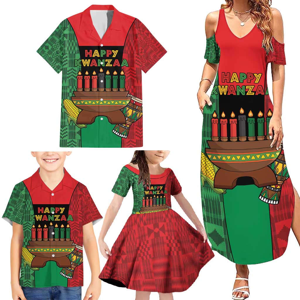 Personalized Happy Kwanzaa Family Matching Summer Maxi Dress and Hawaiian Shirt Kinara With Kente Pattern - Wonder Print Shop