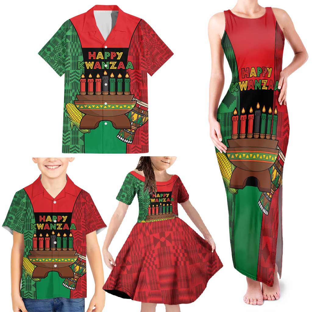 Personalized Happy Kwanzaa Family Matching Tank Maxi Dress and Hawaiian Shirt Kinara With Kente Pattern - Wonder Print Shop