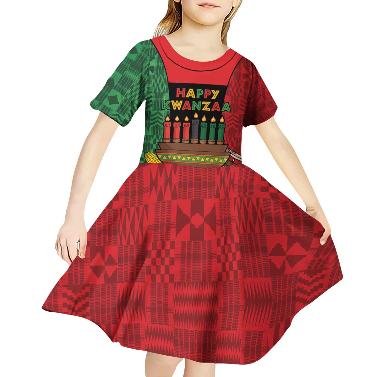 Personalized Happy Kwanzaa Kid Short Sleeve Dress Kinara With Kente Pattern - Wonder Print Shop