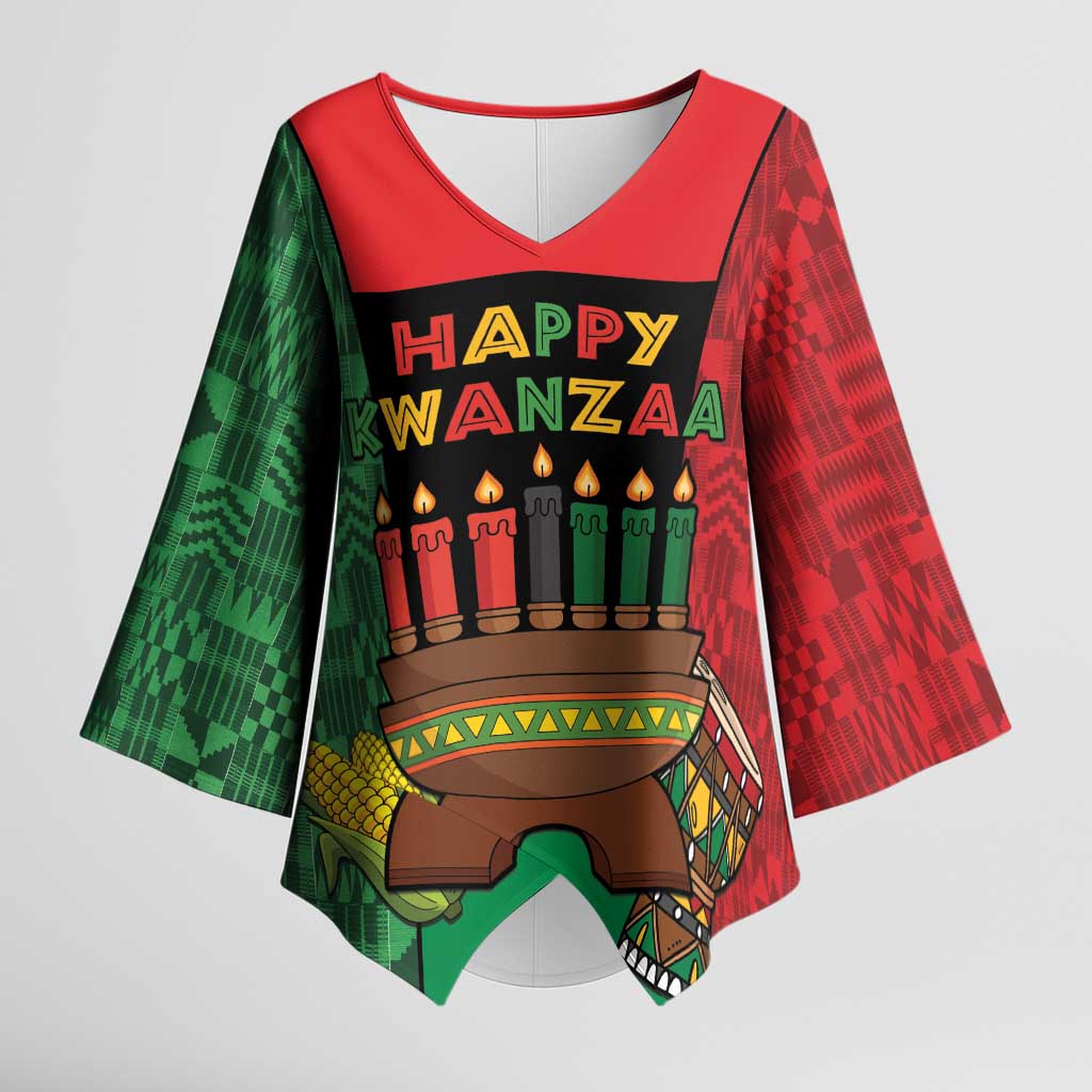 Personalized Happy Kwanzaa Kimono Sleeve Blouse Kinara With Kente Pattern - Wonder Print Shop