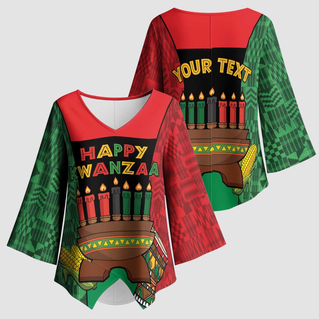 Personalized Happy Kwanzaa Kimono Sleeve Blouse Kinara With Kente Pattern - Wonder Print Shop