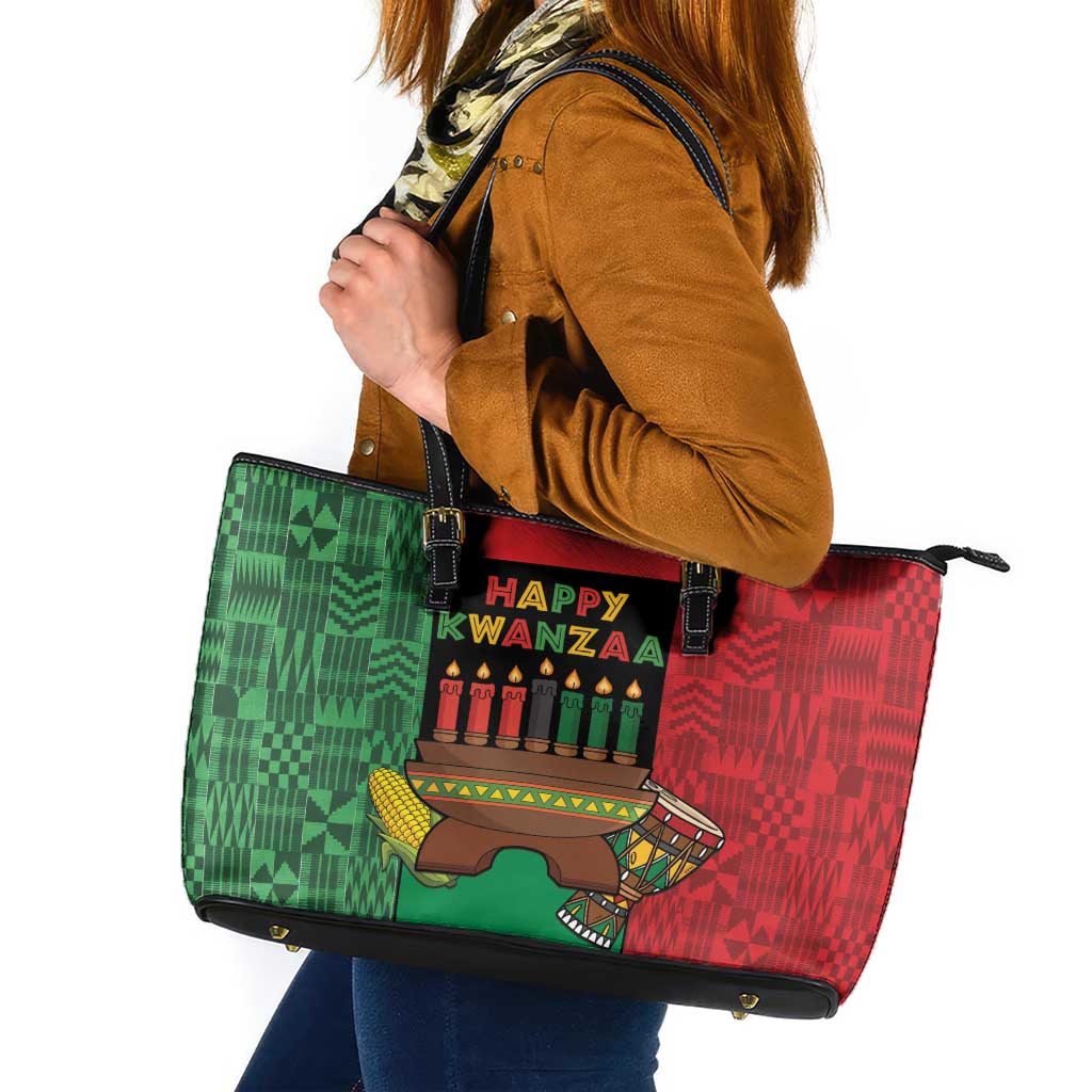 Happy Kwanzaa Leather Tote Bag Kinara With Kente Pattern - Wonder Print Shop